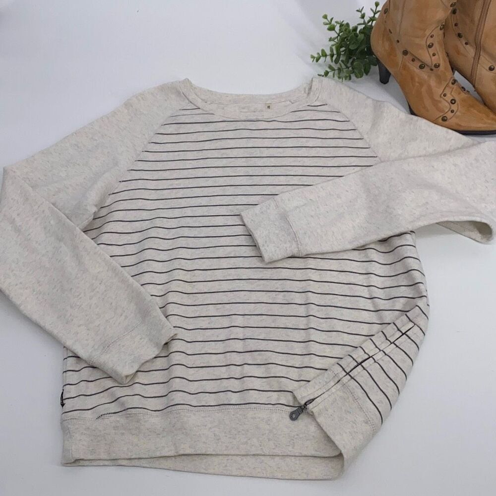 Howe No 65 Striped Crew Sweatshirt Cotton Side Zip‎ Cream Grey M Unisex